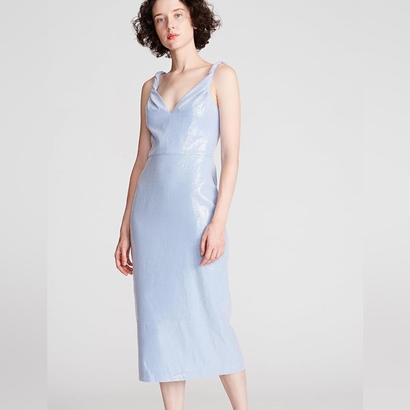 HALSTON Women's Keira Twist Strap Midi Dress in Soft Sequins Sky Blue - Picture 3 of 12